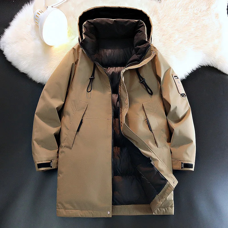 Herr Lång Dunjacka Vinter Varm Parkas med Huva Svart