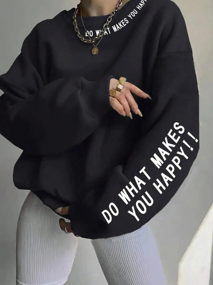 Mjuk Sweatshirt med Texttryck – Rundhalsad Tröja med Lång Ärm och Ribbade Muddar