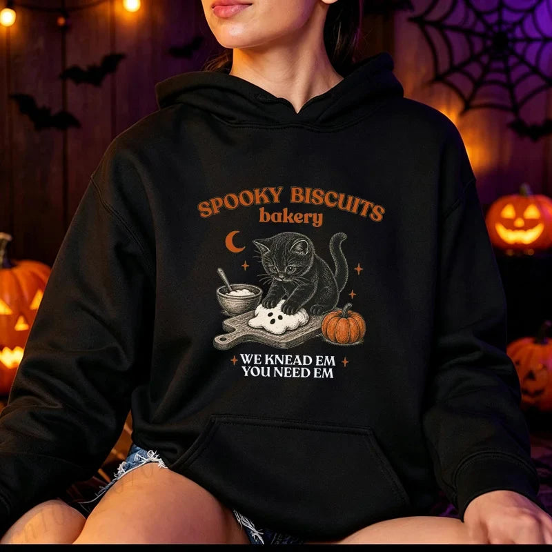 Halloween Hoodie med Katter och Pumpor, Långärmad Tröja med Tryck