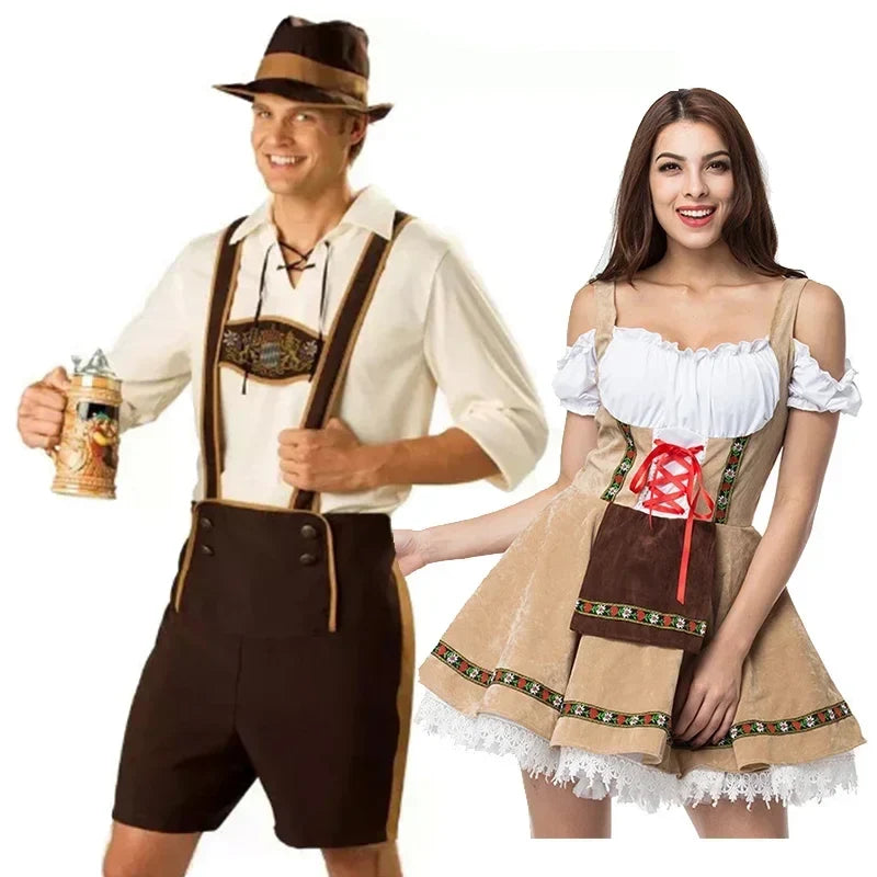 Oktoberfest maskeradkläder i brun och beige färg för herr och dam