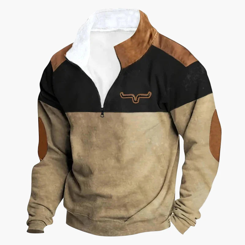 Herrar Western Fleece Pullover – Etno Mönstrad Tröja med Kvartdragkedja och Buffelmotiv