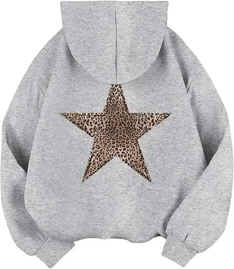Hoodie med leopardmönstrad stjärna på ryggen, oversized passform