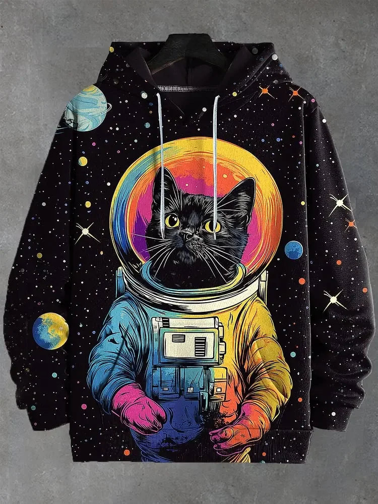 Hoodie med kattmotiv, tryck och huva, lång ärm