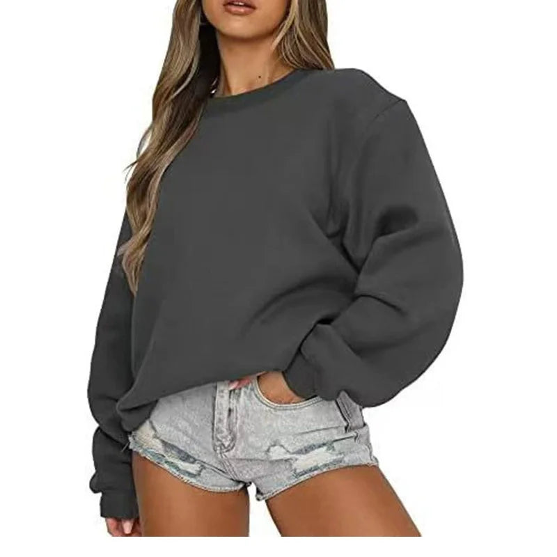 Enfärgad Sweatshirt för Dam med Rund Hals