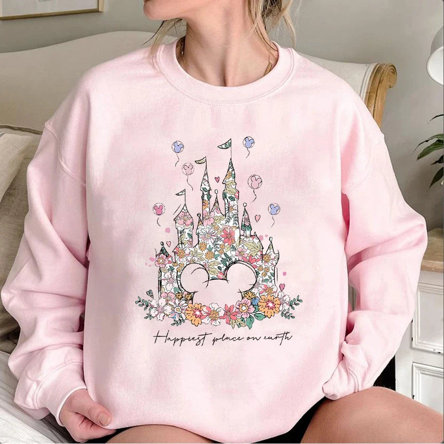Vit sweatshirt med slottstryck och blommor, långärmad tröja