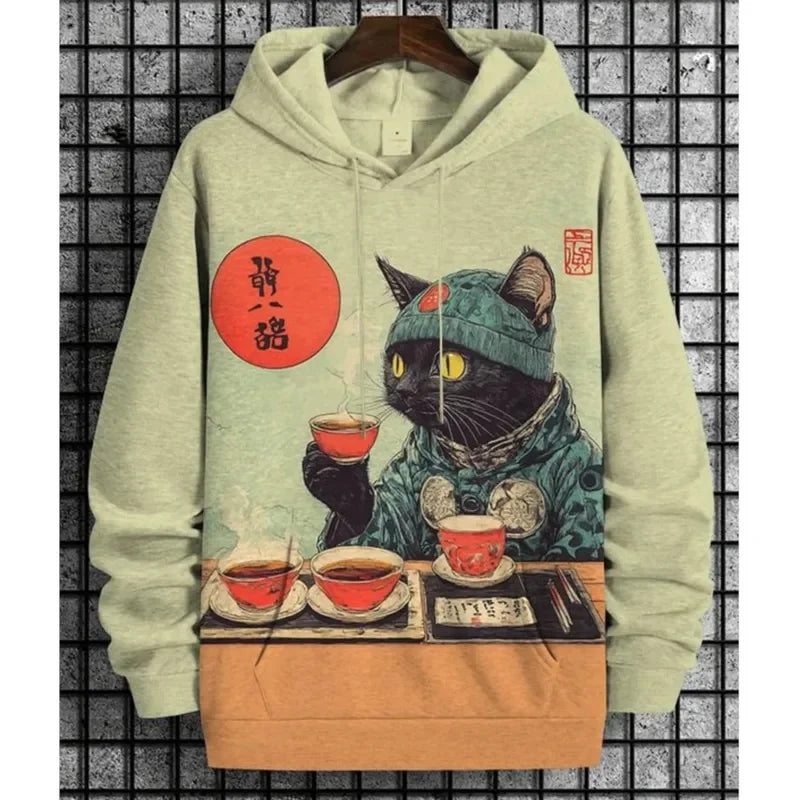 Hoodie med kattmotiv, tryck och huva, lång ärm