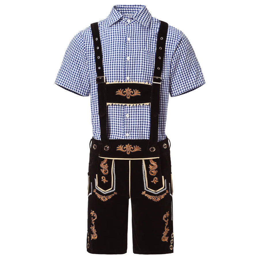 Herr Oktoberfest Lederhosen-set med skjorta, hängslen och hatt, broderade korta byxor