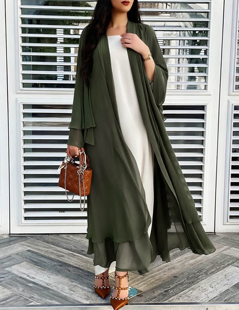 Lång öppen kofta med volanger, chiffongliknande material, beige