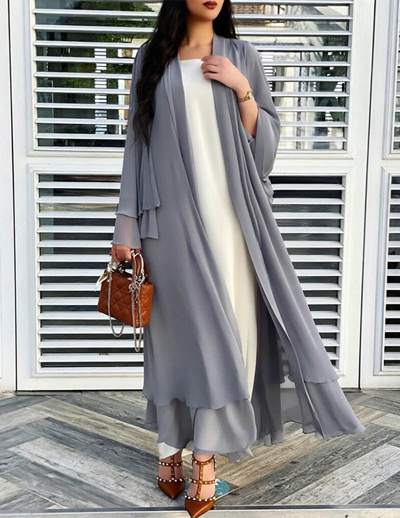 Lång öppen kofta med volanger, chiffongliknande material, beige