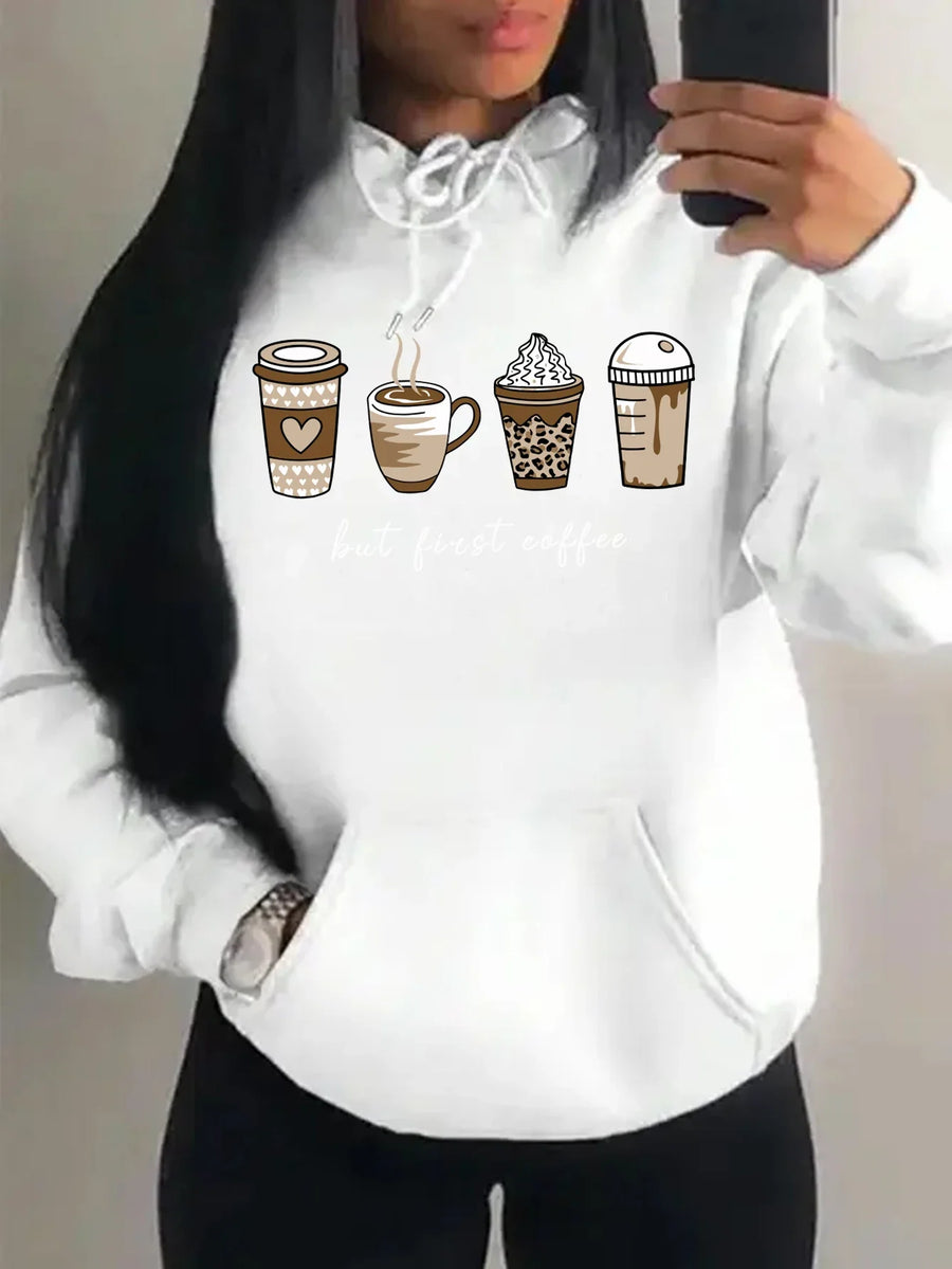 Huvtröja med "but first coffee"-tryck, känguruficka och dragsko