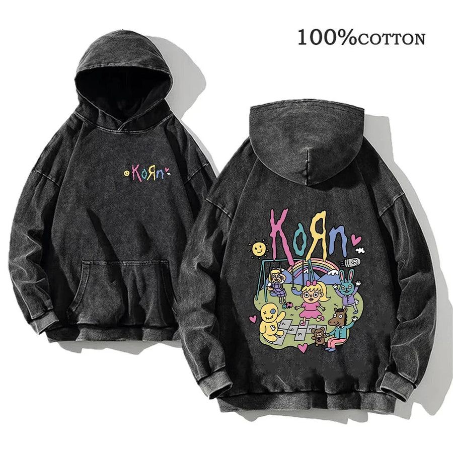 Unisex Huvtröja Oversize Grå Med Tryck och Känguruficka