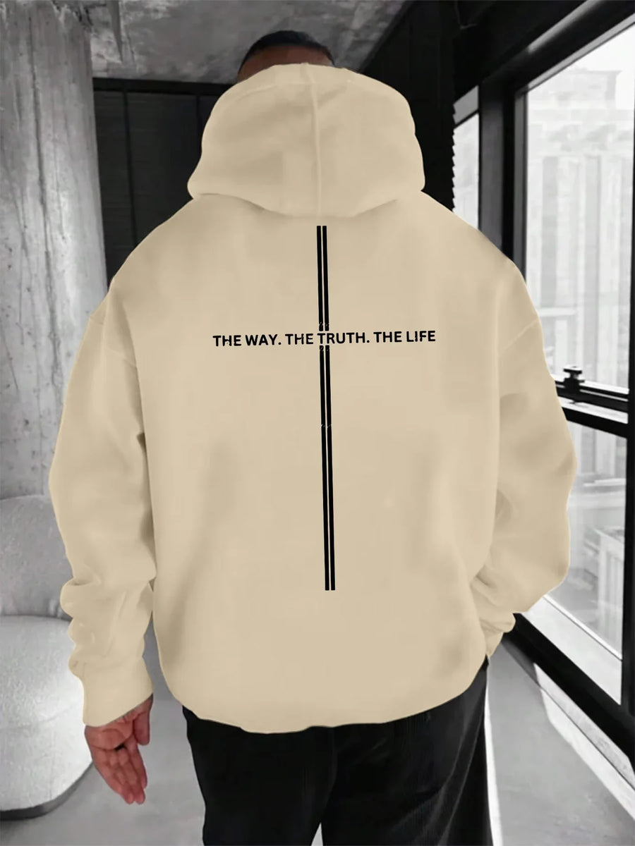Hoodie med tryck och dubbla ränder, oversized passform