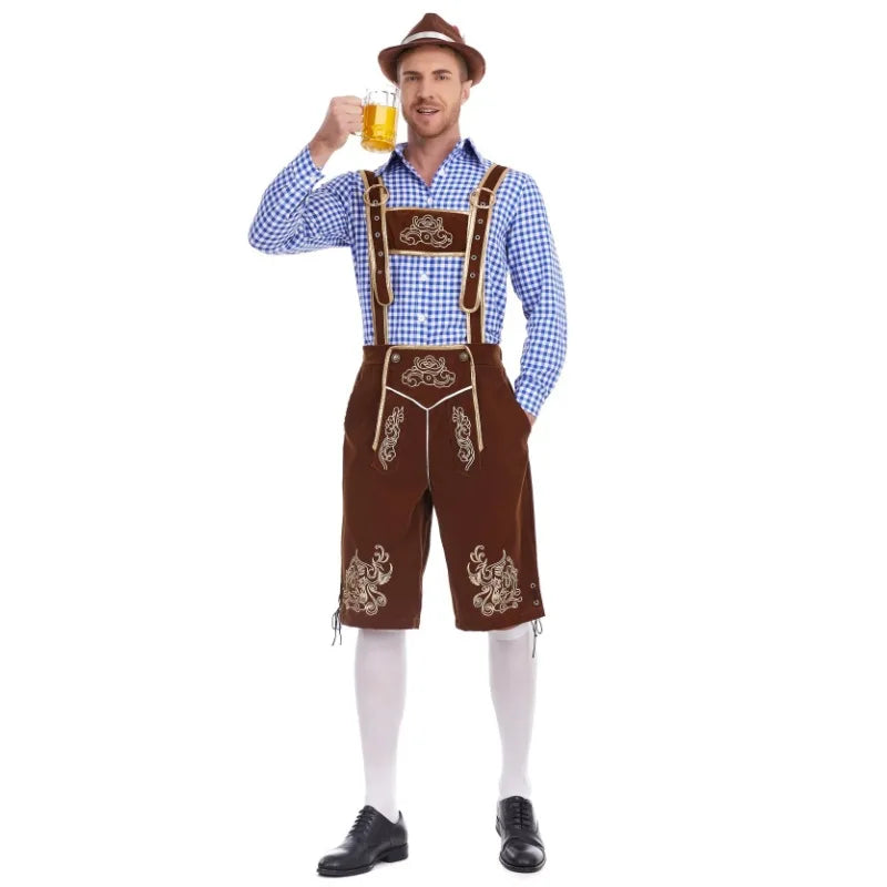 Oktoberfest herrkläder med rutig skjorta, broderade hängselbyxor och hatt