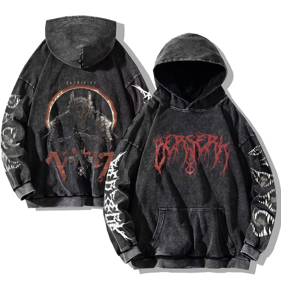 Svart huvtröja med tvättad look och tryck, Unisex Berserk-inspirerad hoodie