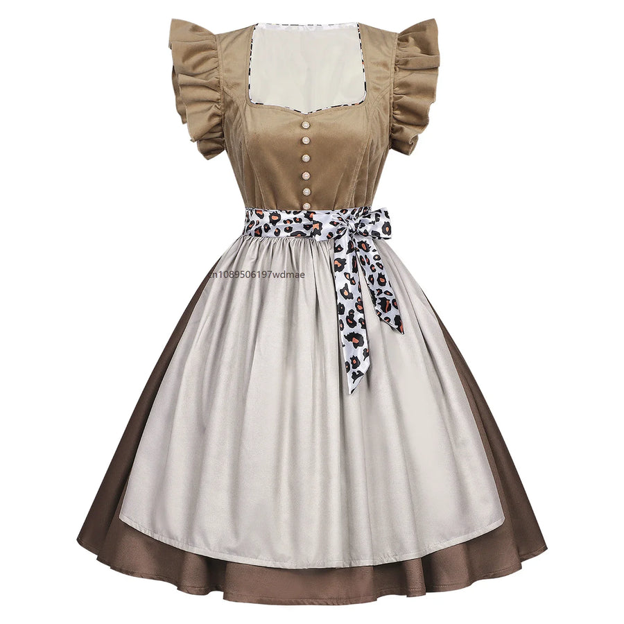 Dam Dirndlklänning med förkläde och midjeband, kortärmad, brun/beige