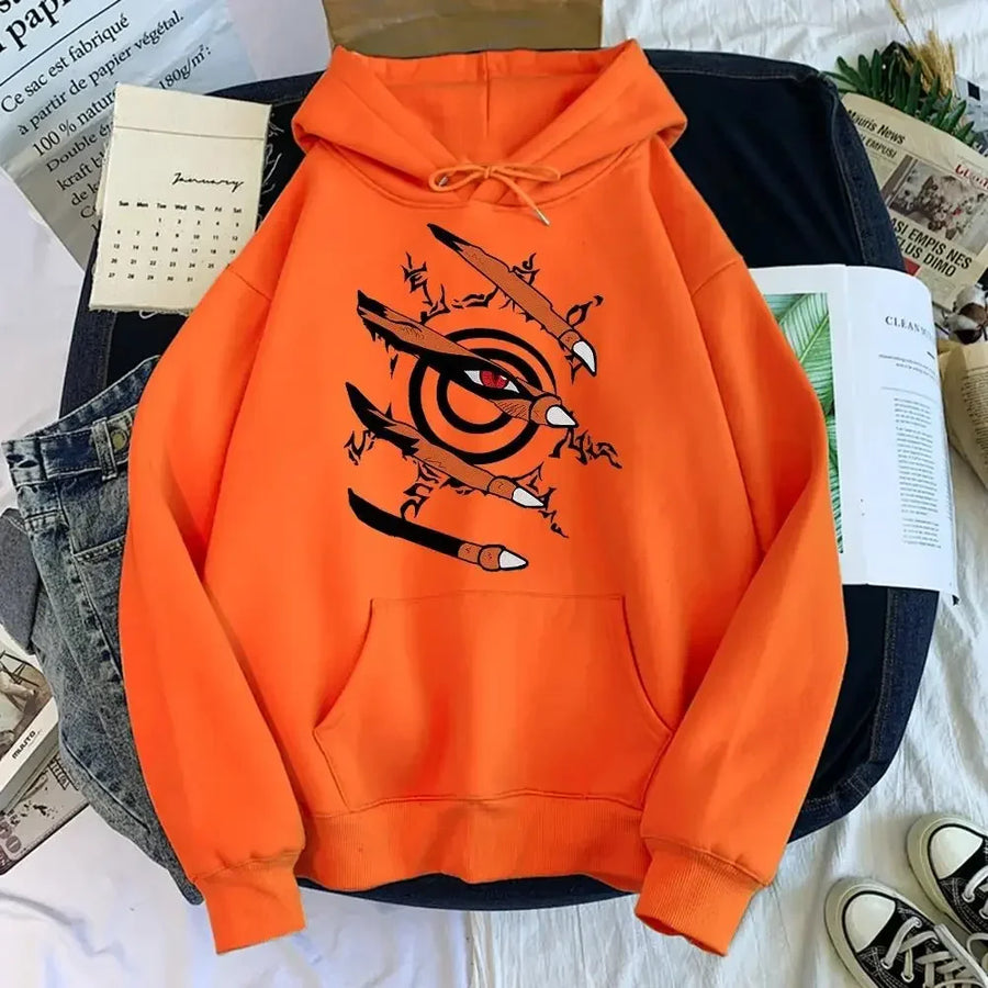 Unisex Hoodie med Tryck av Klomärken och Öga, Fickor framtill, Långärmad Tröja med Huva