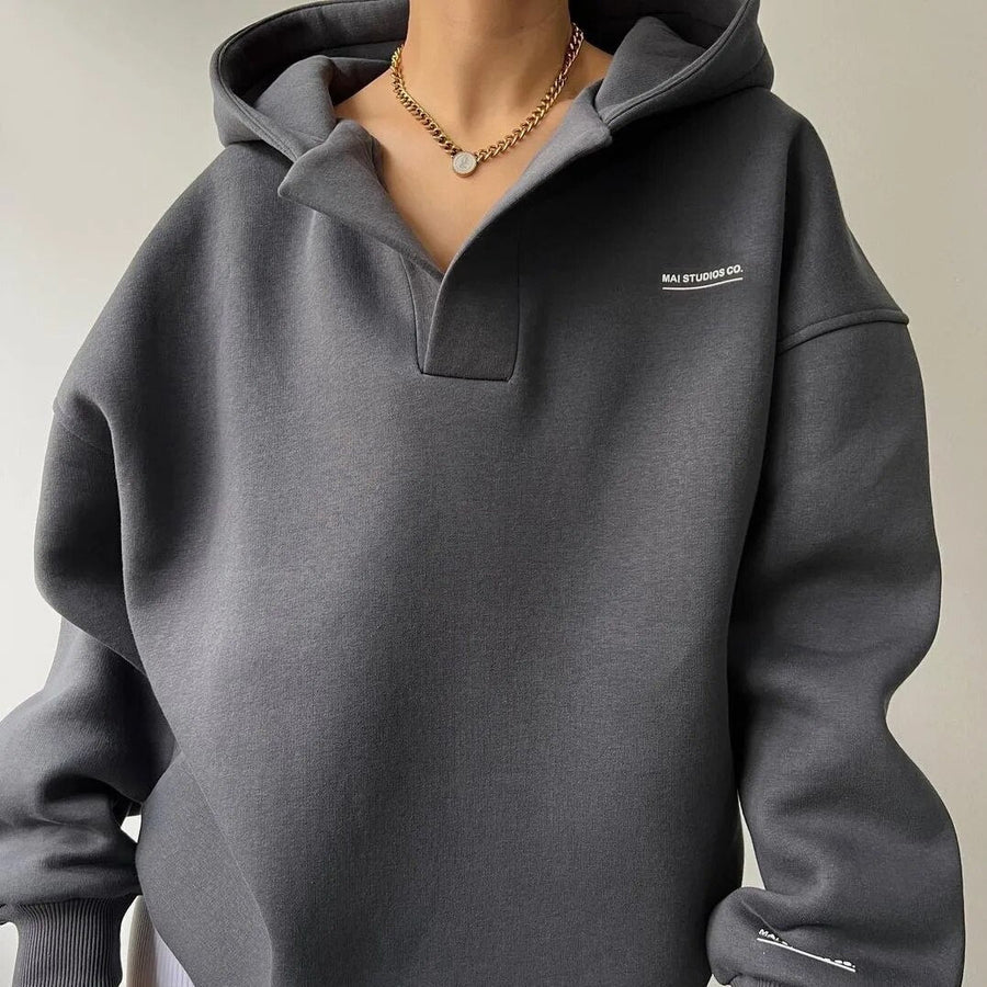 Hoodie med krage och huva, lös passform, beige
