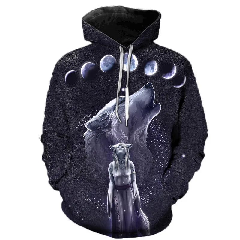 Hoodie med vargtryck i 3D, grafiskt mönster med vargar och måne