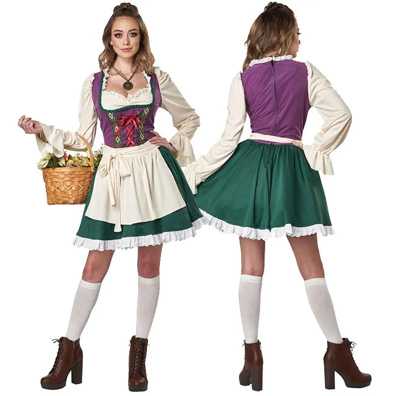 Dam Oktoberfestdräkt Grön Vit Lila med Blus och Förkläde