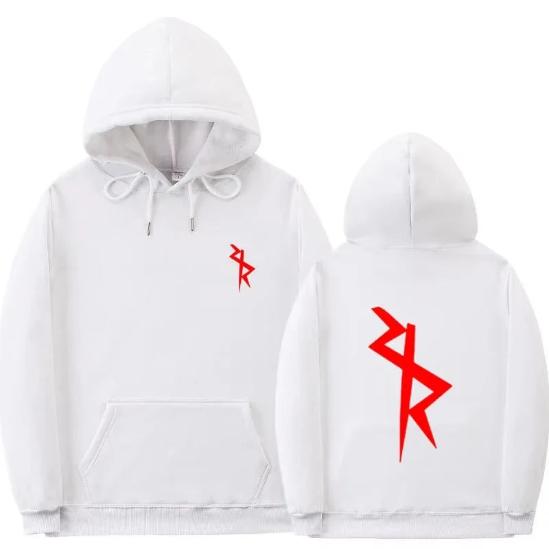 Hoodie med tryck, känguruficka och dragsko – svart, grå, vit