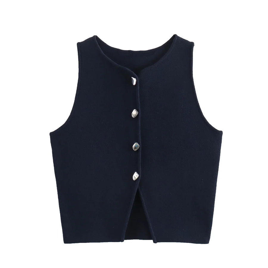 Ärmlös ribbad tröja med knappar, dam – V-ringad crop top