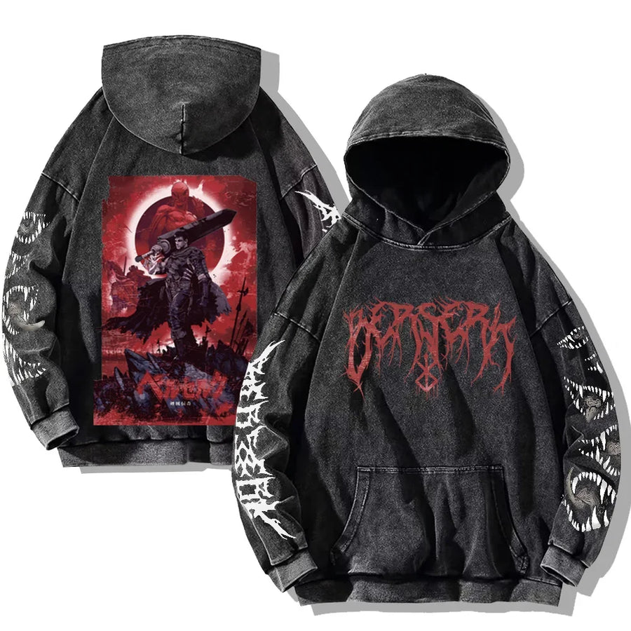 Svart huvtröja med tvättad look och tryck, Unisex Berserk-inspirerad hoodie