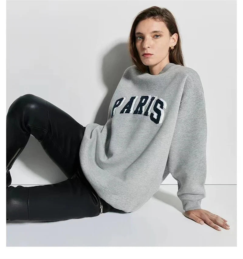 Dam sweatshirt grå med "PARIS" tryck rund hals oversized