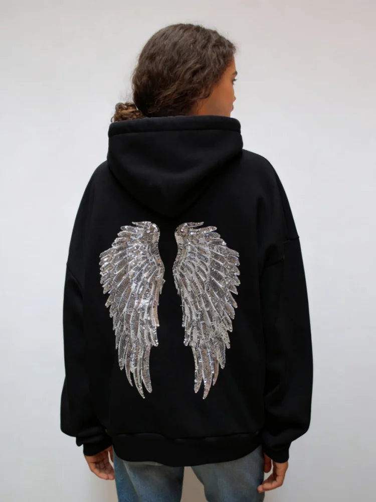 Dam Hoodie med Paljettvingar, Långärmad, Svart, Marinblå, Grå