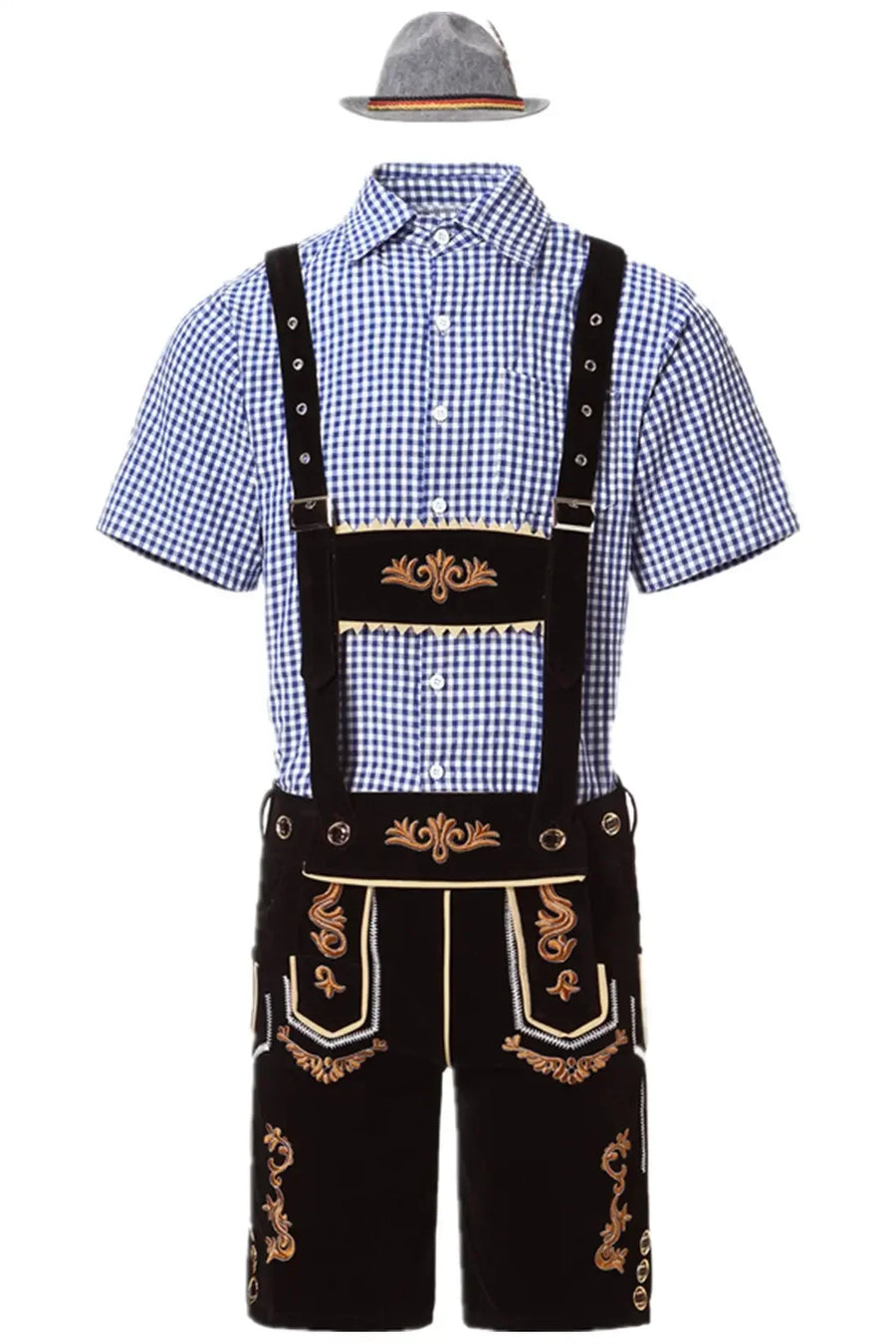 Herr Oktoberfest Lederhosen-set med skjorta, hängslen och hatt, broderade korta byxor