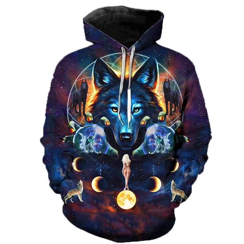 Hoodie med vargtryck i 3D, grafiskt mönster med vargar och måne