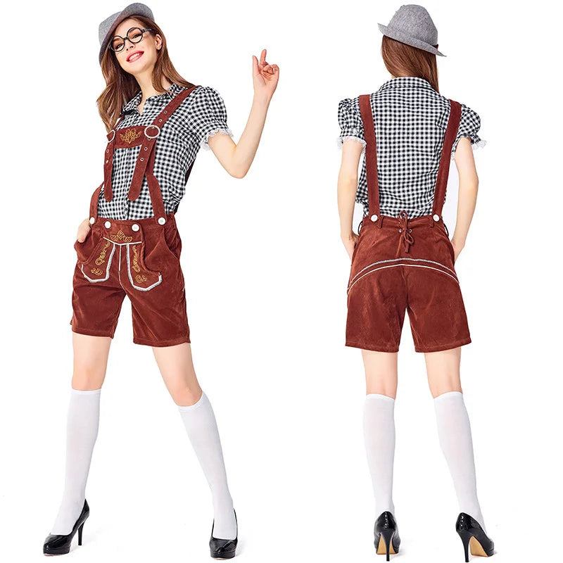 Dam Trachtenkostym med Rutig Blus och Hängselshorts