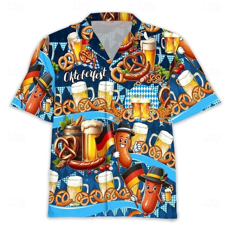 Oktoberfest Hawaii-skjorta med tryck av öl, kringlor och korv