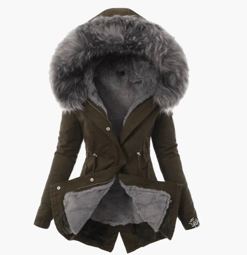 Dam Vinterjacka med Fuskpäls Fodrad Kapuschong – Elegant Varm Parkas för Kallt Väder