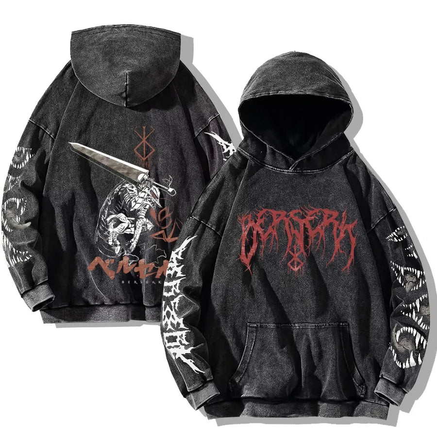 Svart huvtröja med tvättad look och tryck, Unisex Berserk-inspirerad hoodie