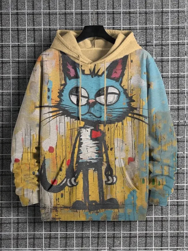 Hoodie med kattmotiv, tryck och huva, lång ärm
