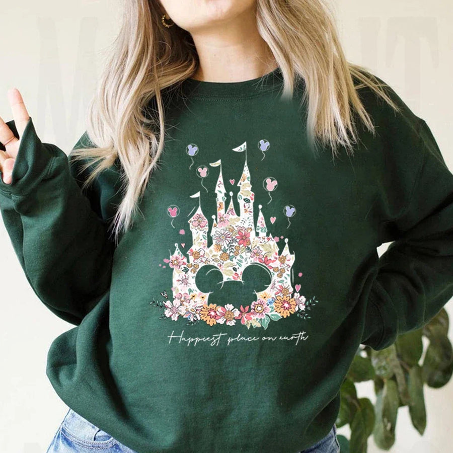 Vit sweatshirt med slottstryck och blommor, långärmad tröja