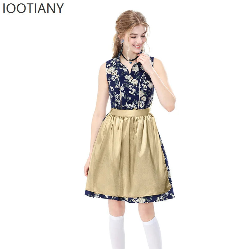Dirndl klänning ärmlös med blommönster och förkläde i traditionell stil