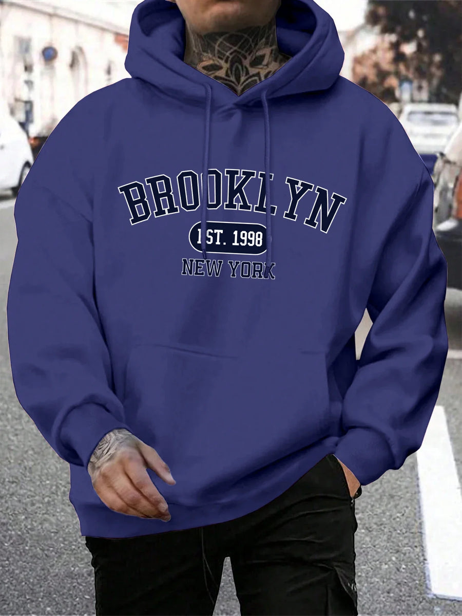 Hoodie med "New York" eller "Brooklyn" tryck, dragsko och känguruficka för män