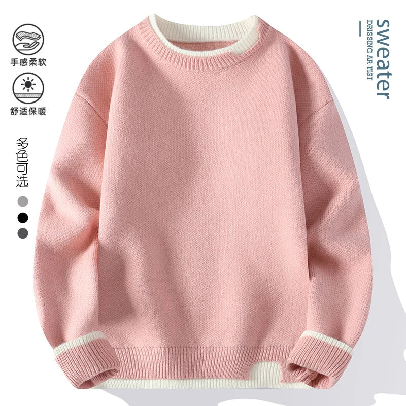 Unisex Långärmad Tröja Rundhalsad Kontrastkant Rosa