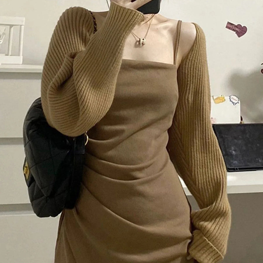 Ribbad crop top med långa ärmar för dam, bolero-stil, stickat utseende