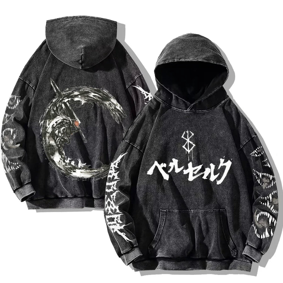 Svart huvtröja med tvättad look och tryck, Unisex Berserk-inspirerad hoodie