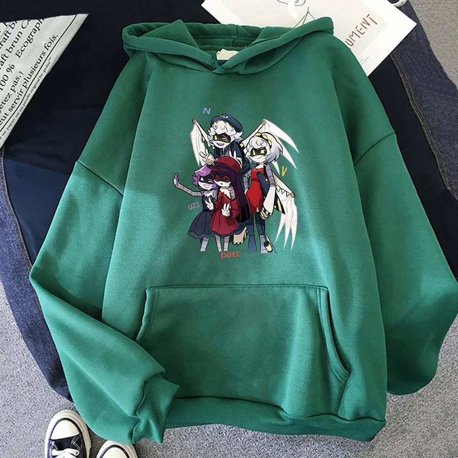 Hoodie med tryck och magficka, långärmad huvtröja