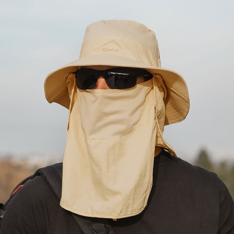 Unisex Solhatt med Hals- och Ansiktsskydd, Justerbar Rem, Grå