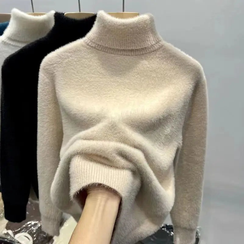 Mjuk Höghalsad Tröja för Dam i Fluffigt Material, Långärmad