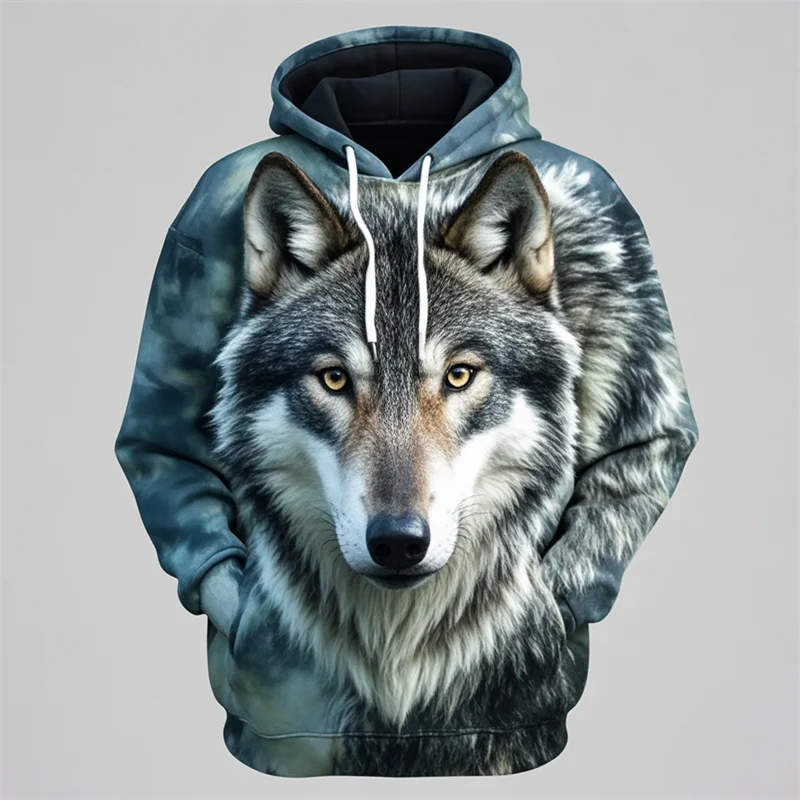 Hoodie med Lejonansikte 3D-tryck, Unisex Tröja med Huva och Känguruficka