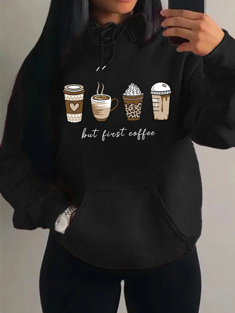 Huvtröja med "but first coffee"-tryck, känguruficka och dragsko
