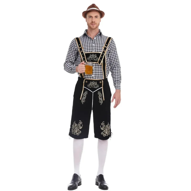 Oktoberfest herrkläder med rutig skjorta, broderade hängselbyxor och hatt