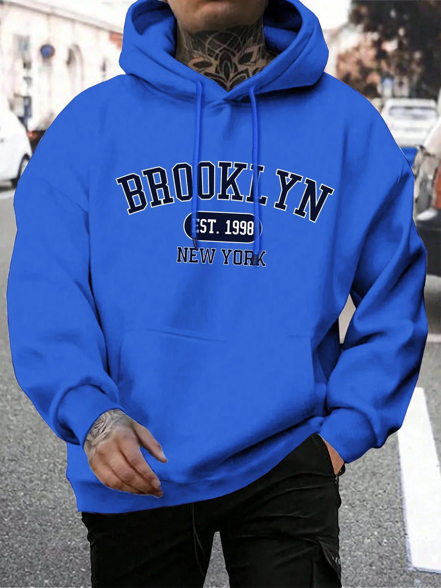 Hoodie med "New York" eller "Brooklyn" tryck, dragsko och känguruficka för män