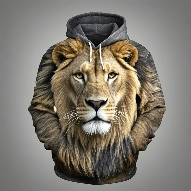 Hoodie med Lejonansikte 3D-tryck, Unisex Tröja med Huva och Känguruficka