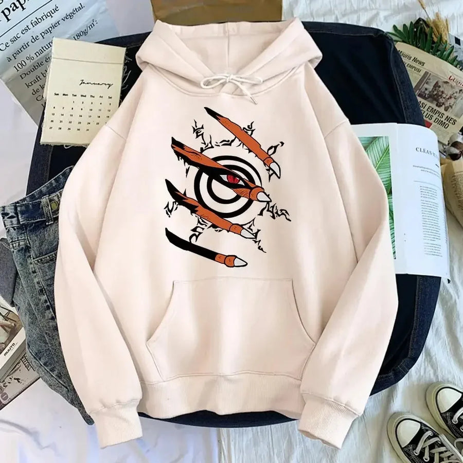 Unisex Hoodie med Tryck av Klomärken och Öga, Fickor framtill, Långärmad Tröja med Huva